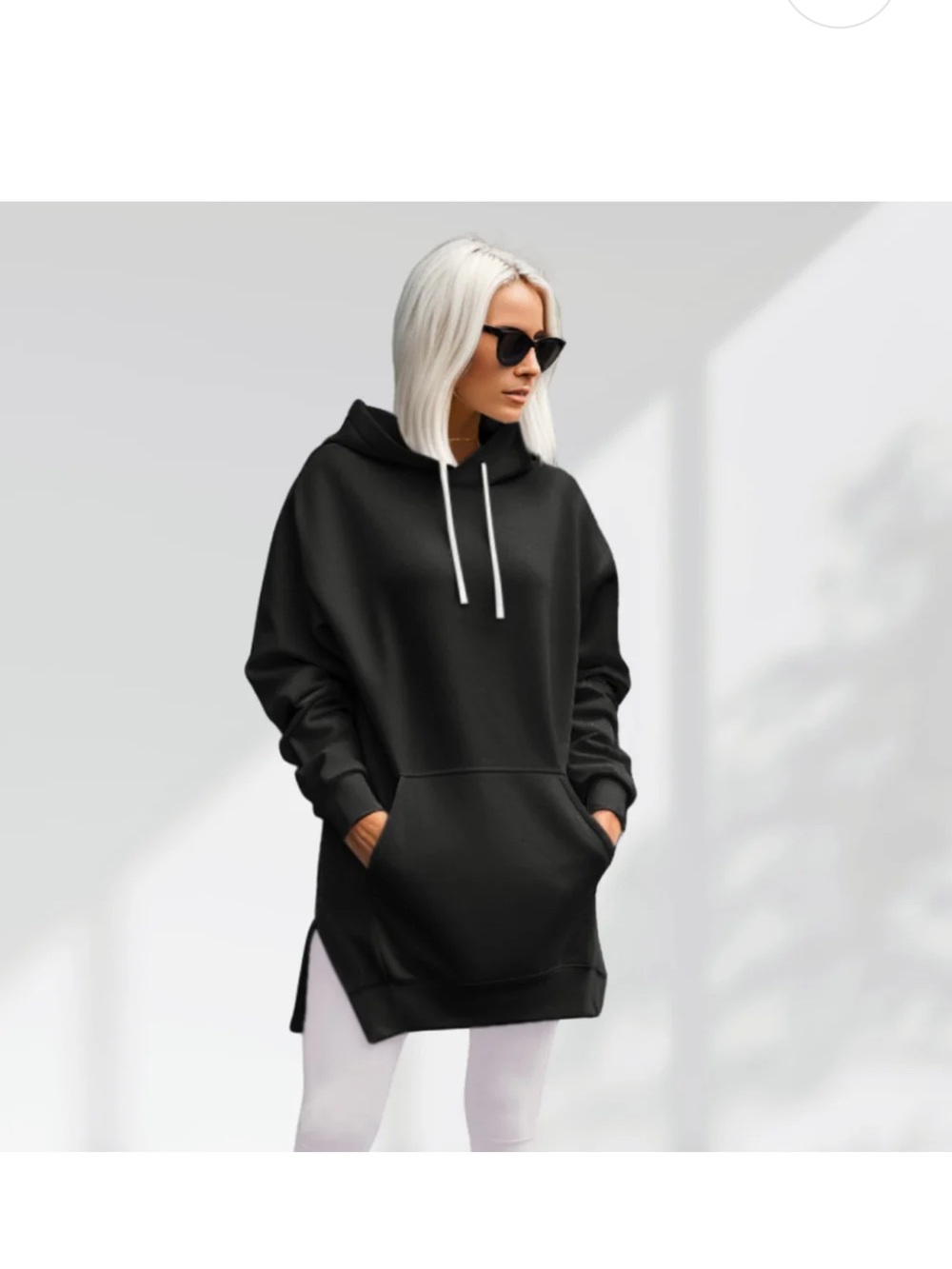 The Warmy black Hooded Tunic Sweatshirt with White Drawcords